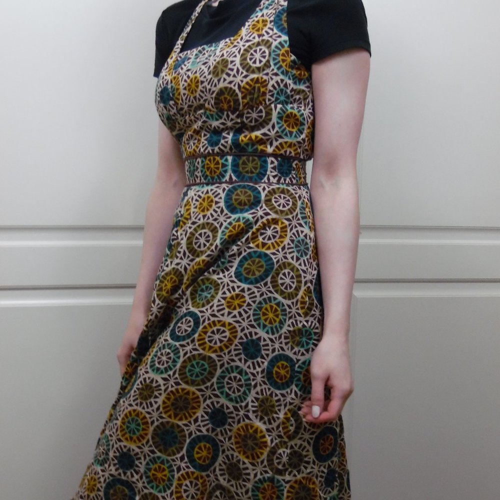 Brown Blue Green Print Dress Cream Sleeveless Back